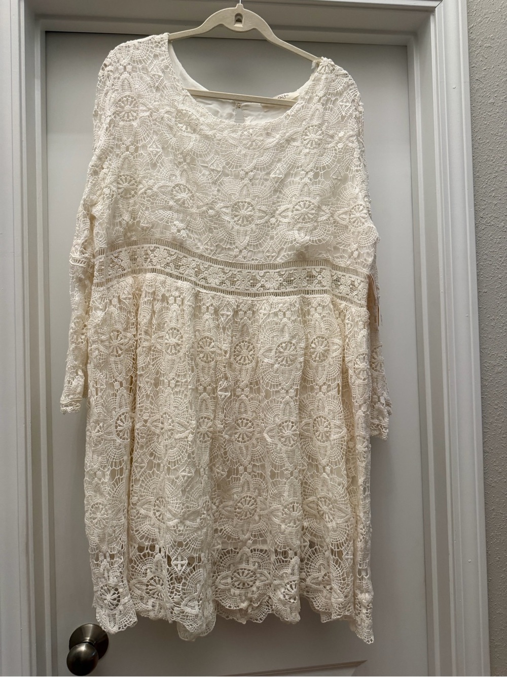 Laced Crochet Long Sleeve Dress in Cream